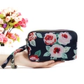 Three-layer floral fabric wallet in navy blue with pink roses and wristlet strap - Navy Rose Print