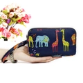 Blue fabric long wallet with animal print and triple zipper for large capacity storage - Zoo Animals