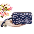Three-layer navy blue heart floral pattern wallet with convenient wrist strap - Heart's Delight