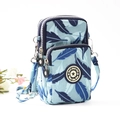 Mini nylon phone crossbody bag with light blue feather print and triple zipper layers - Sky Blue Leaves