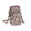 Pink and white leopard print phone bag with three zipper compartments and adjustable strap - Pink Leopard