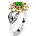 Exquisite sunflower ring with a gold petals, green gemstone, and silver leafy band - US 5 / Green