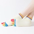 Toeless five-finger yoga socks with colorful rainbow stripes and anti-slip silicone grippers - Full Toe-Rainbow Finger / Beige