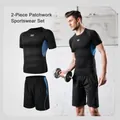 Men's compression workout set with short sleeve top and shorts in thunder blue design - S / Top And Bottom (Patchwork Compression Style) / Mesh Blue