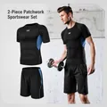 Men's compression workout set with short sleeve top and shorts in thunder blue design - S / Top And Bottom (Patchwork Compression Style) / Mesh Blue