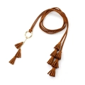 Bohemian brown braided waist belt with golden ring and tiered tassels for women dresses - Camel