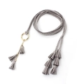 Grey braided waist rope for dresses featuring golden ring and triple tassel detail - Gray