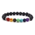 Mens chakra yoga bracelet with volcanic lava stone and seven colorful beads on white background - Style B Silver