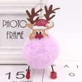 Pink plush reindeer pom pom keychain with red Christmas hat and silver metal ring - Light Purple