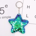 Close-up of star-shaped keychain with teal gradient sequins and silver metal ring - Pentagram / Green