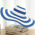 Wide brim beach straw hat with classic blue and white stripes in a wave edge style - One Size (Adult) / Royal Blue
