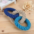 Three-ring hand-woven cotton dog toy in dark blue, beige, and sky blue mix - Three Rings