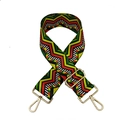 Close-up of wide woven shoulder strap with colorful geometric waves and gold metal hooks - Wave Pattern