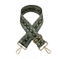 Close-up of green snake print wide fabric bag strap with polished gold metal hardware - Snake Print