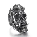 Vintage punk skull ring in antique silver stainless steel with detailed beard textures - US 7 / Steel Color (05206)
