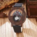 Retro dark brown wood watch with integrated compass and black matte leather strap - JIACHEN Wood Dial Black Leather Strap Compass / Black 1