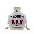 Silver sequin Tequila bottle shaped crossbody bag with gold chain and black text print - Sequin Silver
