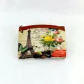 Retro Eiffel Tower and rose floral print coin purse with brown leather trim and zipper - Style 3#