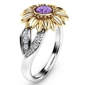 Two-tone sunflower ring with purple center stone and leaf-shaped cubic zirconia band - US 5 / Purple
