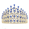 Luxurious bridal tiara in gold finish with blue teardrop crystals and clear rhinestones - Gold Base Royal Blue Stone