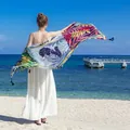 Ethnic style cotton linen scarf with tropical leaves and tassels for beach vacations - 180cm / Tropical Leaf Dark Tassel Style (L136)