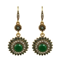 Vintage gold sunflower earrings with a large green gemstone and crystal rhinestones - Antique KC Gold + Green
