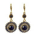 Bohemian gold sunflower earrings with deep blue gemstones and sparkling crystals - Antique KC Gold + Royal Blue