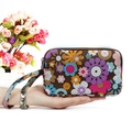 Long fabric wallet with dark brown floral pattern and wrist strap for women - Brown Floral