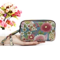Japanese style floral canvas clutch bag with double zipper and wristlet strap in blue and pink - Multicolor Flower