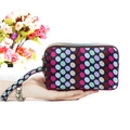 Three-layer zip wristlet phone bag with colorful polka dots on navy blue nylon fabric - Holographic Rainbow Dots