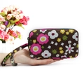 Floral fabric wristlet wallet with double zippers and floral strap in brown and pink - Sunflowers on Brown
