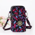 Vertical floral crossbody phone bag with leaf patterns and triple zipper compartments - Black Leaf