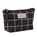 Large black makeup bag with white grid pattern and natural style woven label - Black Grid / Small