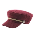 Corduroy flat-top navy hat in burgundy with braided rope and metal button detail - 58cm / Burgundy