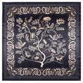 Navy blue silk square scarf featuring bohemian tree pattern and paisley border design - Navy Blue
