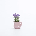 Mini pink ceramic flower pot magnet with white dots and purple faux flowers - Pink Polka Dot Kettle Style (P)