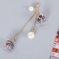 Detailed view of grey fabric flowers with white pearls and gold chain phone charm - A059 Grey Flower Pendant