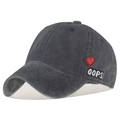 Washed dark grey cotton baseball cap with red heart and OOPS embroidery on the side - Adjustable / Heart Embroidery Style(4) / Charcoal Black
