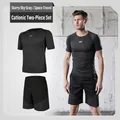 Detail of men's breathable gray fitness set showing quick-dry fabric and athletic shorts - S / Top And Bottom / Dark Gray