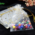White organza drawstring gift bag with gold moon star print and colorful beads - 9*12cm / White Gold