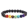 Detailed view of chakra lava stone bracelet with colorful beads and bronze spacers - Antique Gold Spacer Style