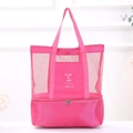 Pink double-layer mesh picnic bag with insulated compartment for outdoor travel - Rose Red