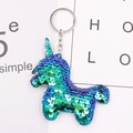 Blue-green gradient sequin unicorn keychain with metallic ring and chain attachment - Iridescent Green