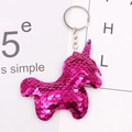 Fuchsia sequin unicorn keychain with silver metal ring and double-sided reflective finish - Rose Red