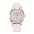 Elegant women's quartz watch with rose gold case, starry silver dial and white leather strap - White