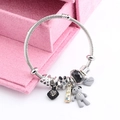Adjustable silver bear charm bracelet featuring crystal beads on a steel wire rope - Grey Bear Beaded / Gray