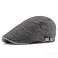 Classic dark grey flat cap in cotton linen with striped brim and adjustable buckle - Adjustable / Black