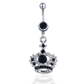 Silver crown belly button ring with black gemstone pendant on a white background - Black