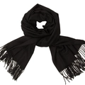Solid black fringe scarf in soft cashmere-like fabric for winter warmth - Black