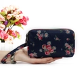 Navy floral triple zipper wallet with wristlet strap for cards and smartphone - Blue Rose